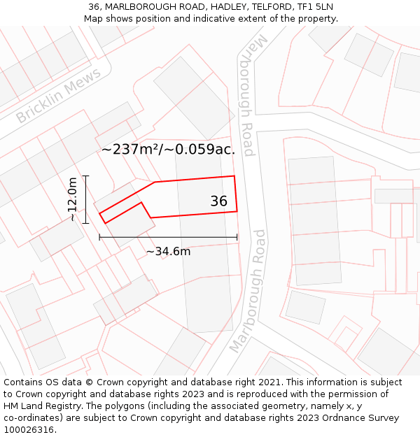 36, MARLBOROUGH ROAD, HADLEY, TELFORD, TF1 5LN: Plot and title map