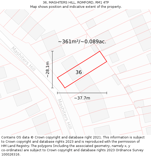 36, MASHITERS HILL, ROMFORD, RM1 4TP: Plot and title map