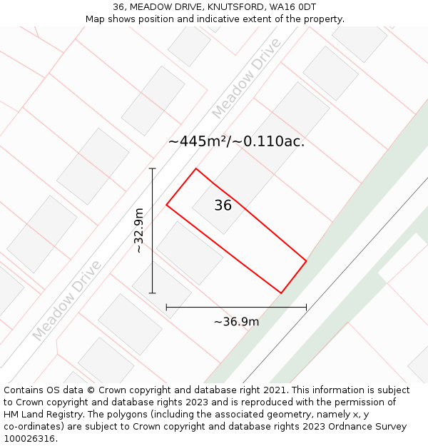 36, MEADOW DRIVE, KNUTSFORD, WA16 0DT: Plot and title map
