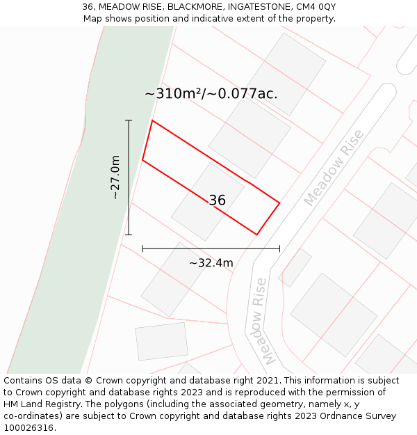 36, MEADOW RISE, BLACKMORE, INGATESTONE, CM4 0QY: Plot and title map