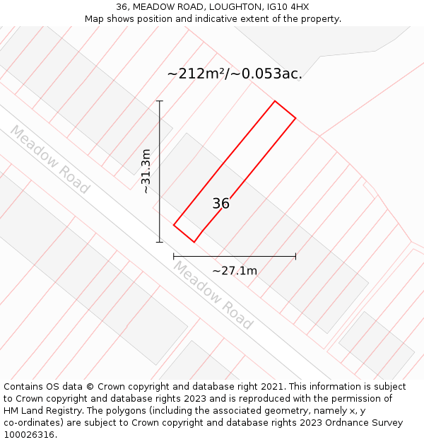 36, MEADOW ROAD, LOUGHTON, IG10 4HX: Plot and title map