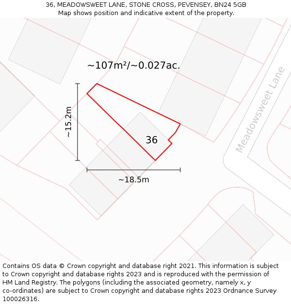 36, MEADOWSWEET LANE, STONE CROSS, PEVENSEY, BN24 5GB: Plot and title map