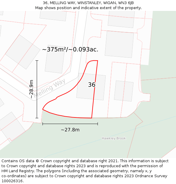 36, MELLING WAY, WINSTANLEY, WIGAN, WN3 6JB: Plot and title map