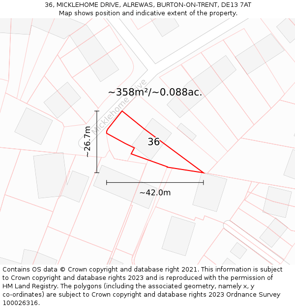 36, MICKLEHOME DRIVE, ALREWAS, BURTON-ON-TRENT, DE13 7AT: Plot and title map