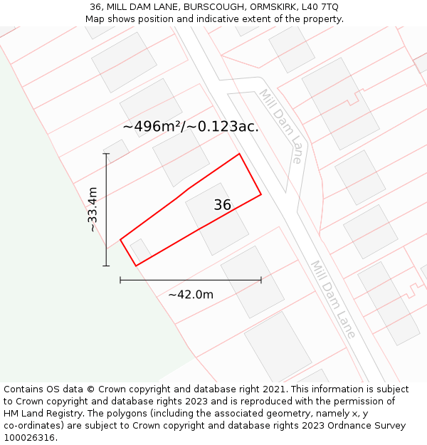 36, MILL DAM LANE, BURSCOUGH, ORMSKIRK, L40 7TQ: Plot and title map