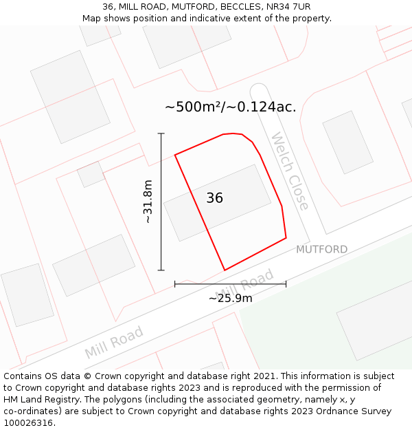 36, MILL ROAD, MUTFORD, BECCLES, NR34 7UR: Plot and title map