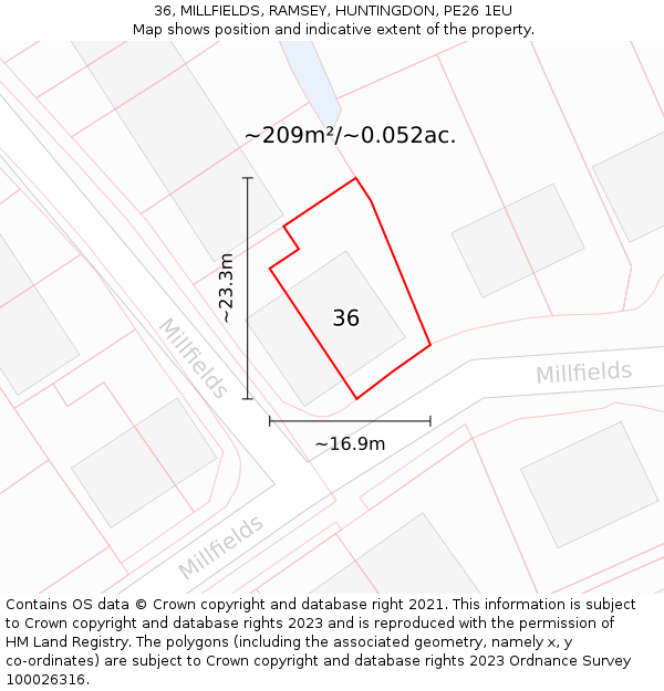 36, MILLFIELDS, RAMSEY, HUNTINGDON, PE26 1EU: Plot and title map