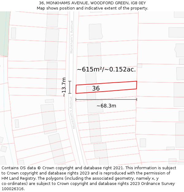 36, MONKHAMS AVENUE, WOODFORD GREEN, IG8 0EY: Plot and title map