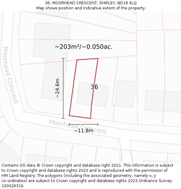 36, MOORHEAD CRESCENT, SHIPLEY, BD18 4LQ: Plot and title map