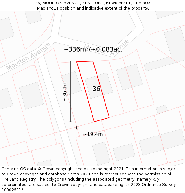 36, MOULTON AVENUE, KENTFORD, NEWMARKET, CB8 8QX: Plot and title map