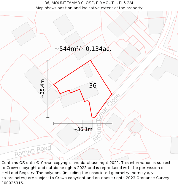 36, MOUNT TAMAR CLOSE, PLYMOUTH, PL5 2AL: Plot and title map