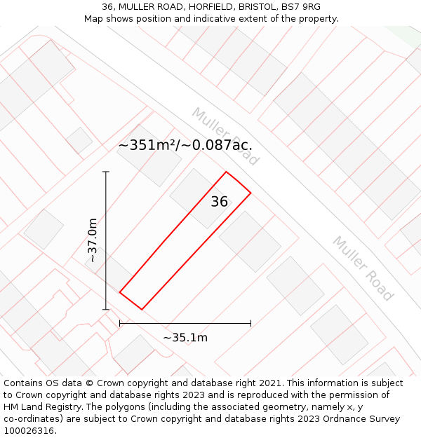 36, MULLER ROAD, HORFIELD, BRISTOL, BS7 9RG: Plot and title map