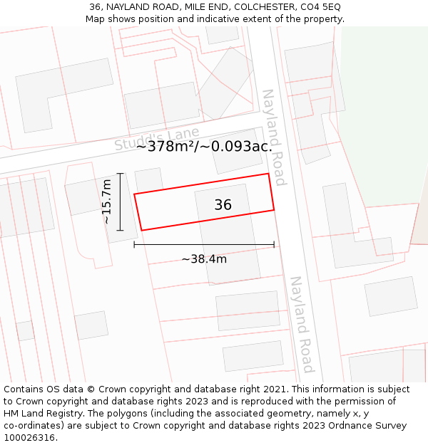 36, NAYLAND ROAD, MILE END, COLCHESTER, CO4 5EQ: Plot and title map