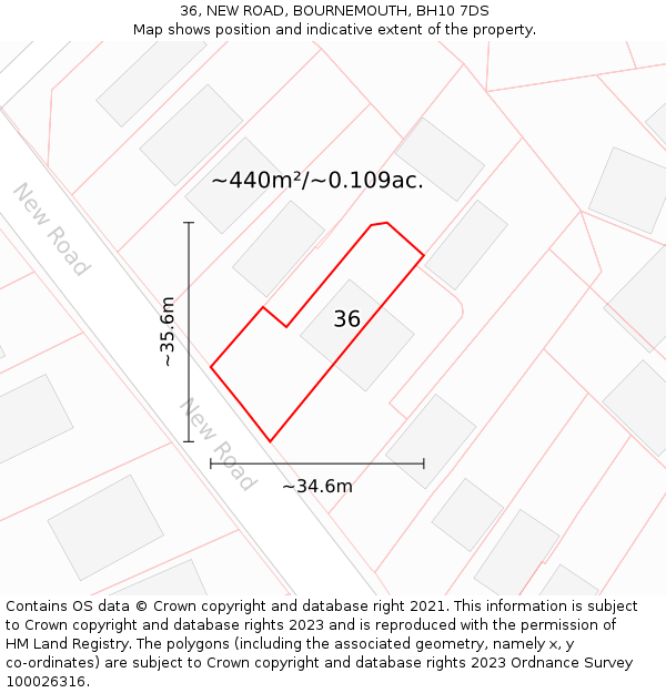 36, NEW ROAD, BOURNEMOUTH, BH10 7DS: Plot and title map