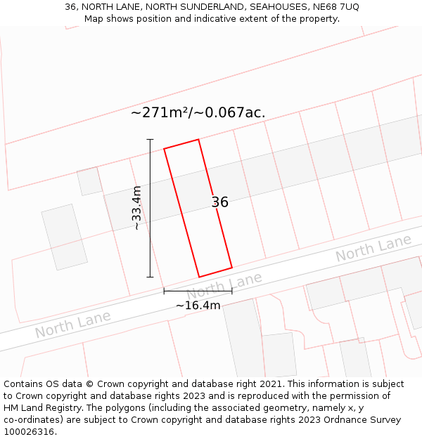 36, NORTH LANE, NORTH SUNDERLAND, SEAHOUSES, NE68 7UQ: Plot and title map