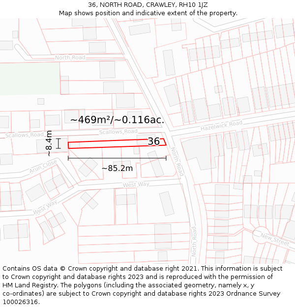 36, NORTH ROAD, CRAWLEY, RH10 1JZ: Plot and title map