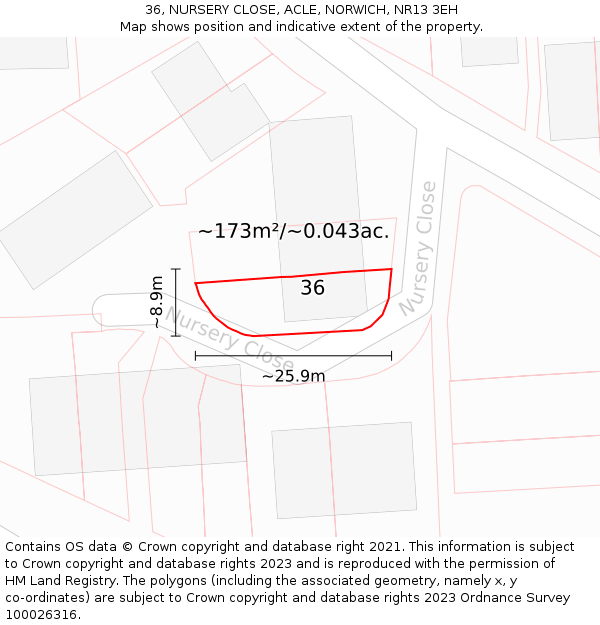 36, NURSERY CLOSE, ACLE, NORWICH, NR13 3EH: Plot and title map