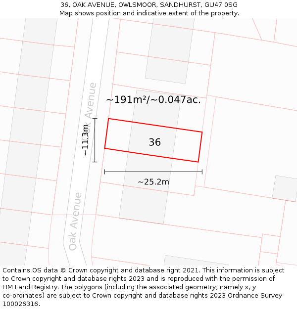 36, OAK AVENUE, OWLSMOOR, SANDHURST, GU47 0SG: Plot and title map