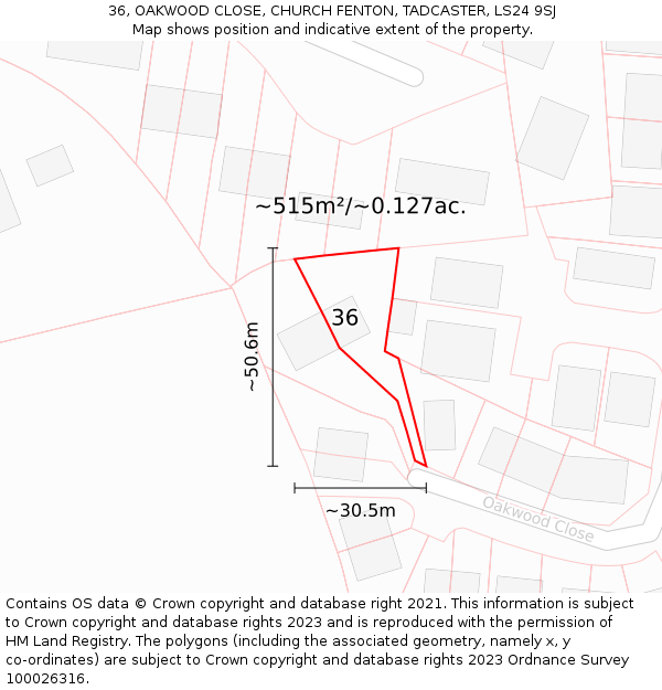 36, OAKWOOD CLOSE, CHURCH FENTON, TADCASTER, LS24 9SJ: Plot and title map