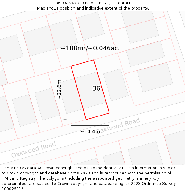 36, OAKWOOD ROAD, RHYL, LL18 4BH: Plot and title map