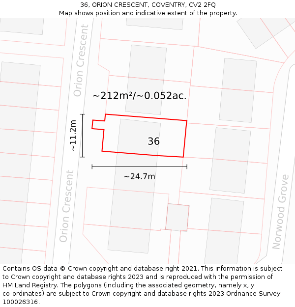 36, ORION CRESCENT, COVENTRY, CV2 2FQ: Plot and title map