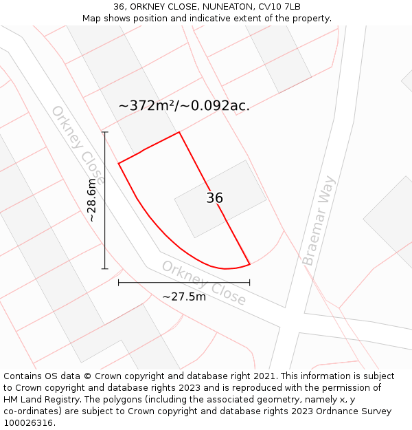 36, ORKNEY CLOSE, NUNEATON, CV10 7LB: Plot and title map