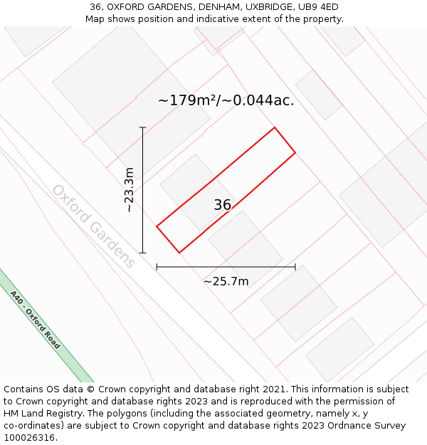 36, OXFORD GARDENS, DENHAM, UXBRIDGE, UB9 4ED: Plot and title map