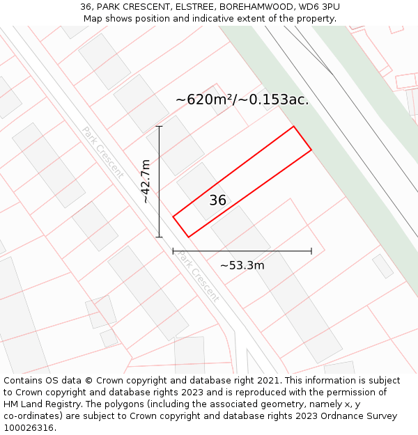 36, PARK CRESCENT, ELSTREE, BOREHAMWOOD, WD6 3PU: Plot and title map