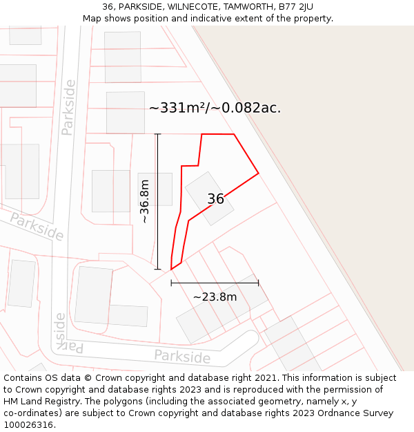 36, PARKSIDE, WILNECOTE, TAMWORTH, B77 2JU: Plot and title map