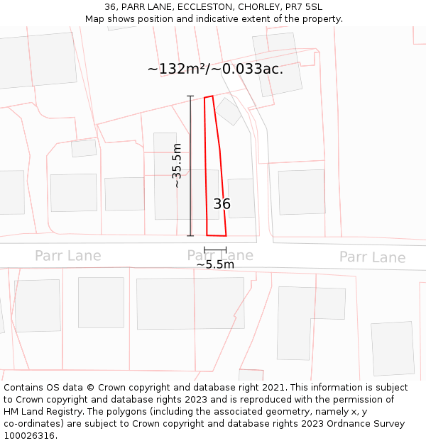 36, PARR LANE, ECCLESTON, CHORLEY, PR7 5SL: Plot and title map