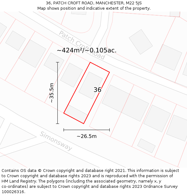 36, PATCH CROFT ROAD, MANCHESTER, M22 5JS: Plot and title map