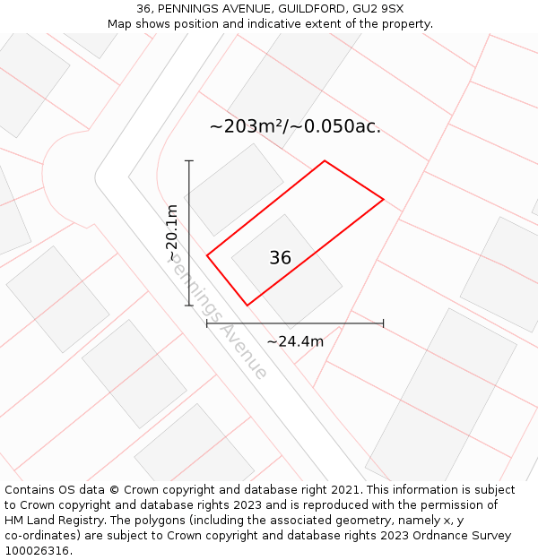 36, PENNINGS AVENUE, GUILDFORD, GU2 9SX: Plot and title map