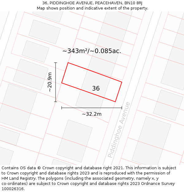 36, PIDDINGHOE AVENUE, PEACEHAVEN, BN10 8RJ: Plot and title map