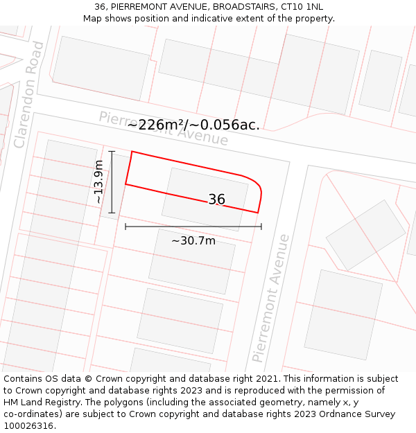 36, PIERREMONT AVENUE, BROADSTAIRS, CT10 1NL: Plot and title map