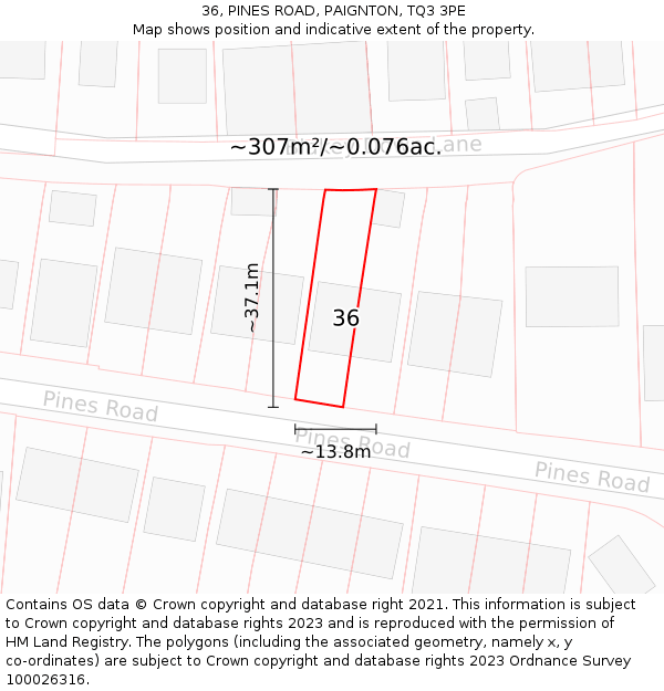 36, PINES ROAD, PAIGNTON, TQ3 3PE: Plot and title map