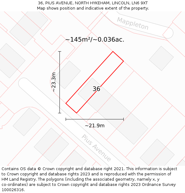 36, PIUS AVENUE, NORTH HYKEHAM, LINCOLN, LN6 9XT: Plot and title map