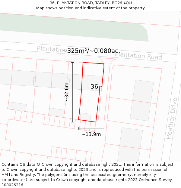 36, PLANTATION ROAD, TADLEY, RG26 4QU: Plot and title map