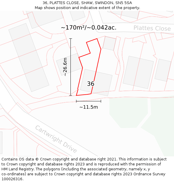 36, PLATTES CLOSE, SHAW, SWINDON, SN5 5SA: Plot and title map