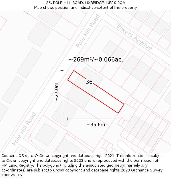 36, POLE HILL ROAD, UXBRIDGE, UB10 0QA: Plot and title map