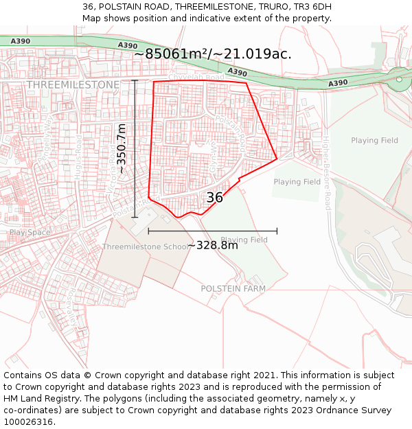 36, POLSTAIN ROAD, THREEMILESTONE, TRURO, TR3 6DH: Plot and title map