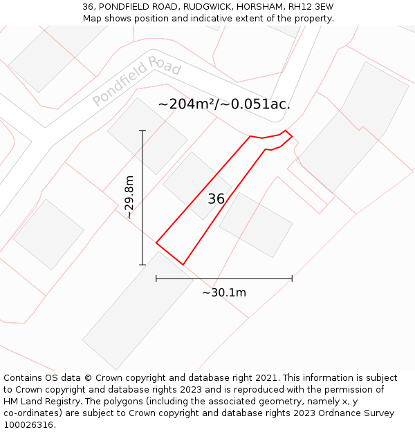 36, PONDFIELD ROAD, RUDGWICK, HORSHAM, RH12 3EW: Plot and title map