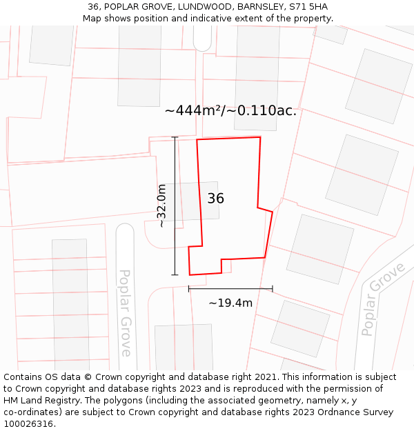 36, POPLAR GROVE, LUNDWOOD, BARNSLEY, S71 5HA: Plot and title map