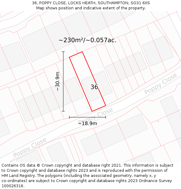 36, POPPY CLOSE, LOCKS HEATH, SOUTHAMPTON, SO31 6XS: Plot and title map
