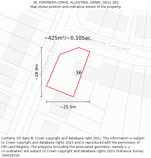 36, PORTREATH DRIVE, ALLESTREE, DERBY, DE22 2RZ: Plot and title map