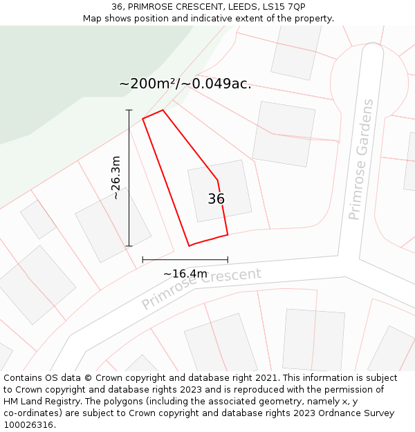 36, PRIMROSE CRESCENT, LEEDS, LS15 7QP: Plot and title map