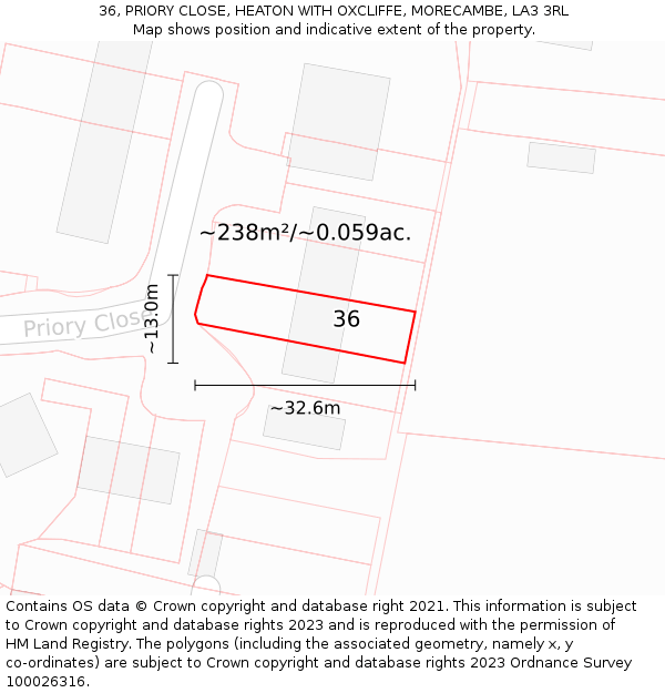 36, PRIORY CLOSE, HEATON WITH OXCLIFFE, MORECAMBE, LA3 3RL: Plot and title map