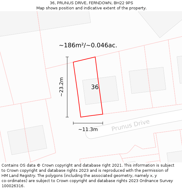36, PRUNUS DRIVE, FERNDOWN, BH22 9PS: Plot and title map