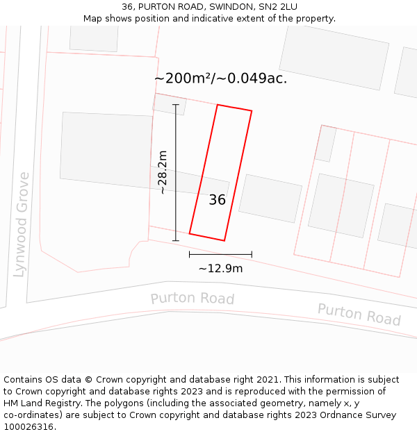 36, PURTON ROAD, SWINDON, SN2 2LU: Plot and title map