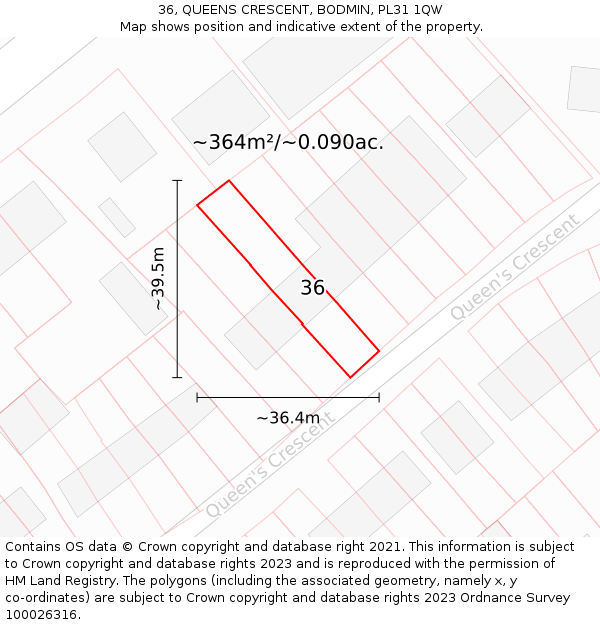 36, QUEENS CRESCENT, BODMIN, PL31 1QW: Plot and title map