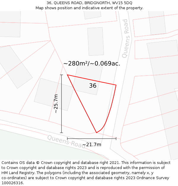 36, QUEENS ROAD, BRIDGNORTH, WV15 5DQ: Plot and title map